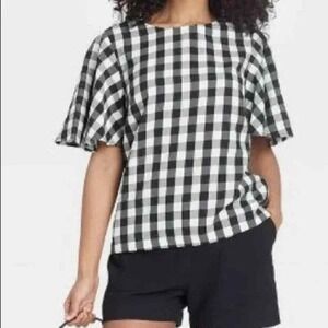 A New Day Gingham Blouse Women's Size XS Black White Target Picnic Cottagecore